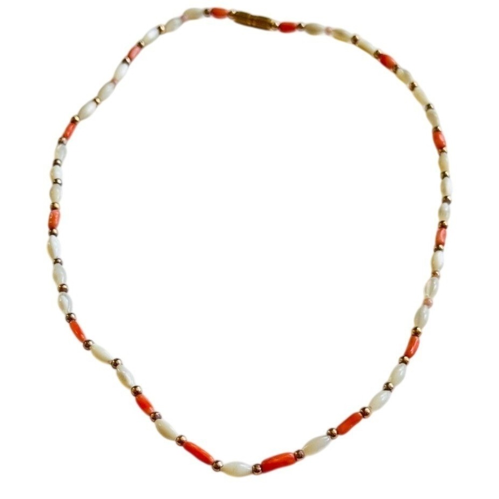 VTG Art Deco Mother of Pearl Pink Coral Necklace Beaded Natural genuine Beads